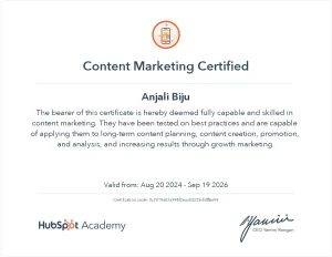 Hubspot Certificate of Freelance Digital Marketer in Alappuzha