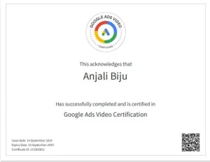 Google Ads Video certifaction of Freelance Digital Marketer in Alappuzha