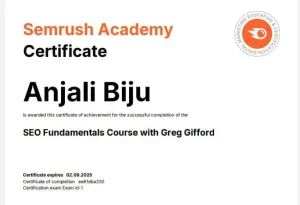 Semrush Academy Certificate of Freelance Digital Marketer in Alappuzha